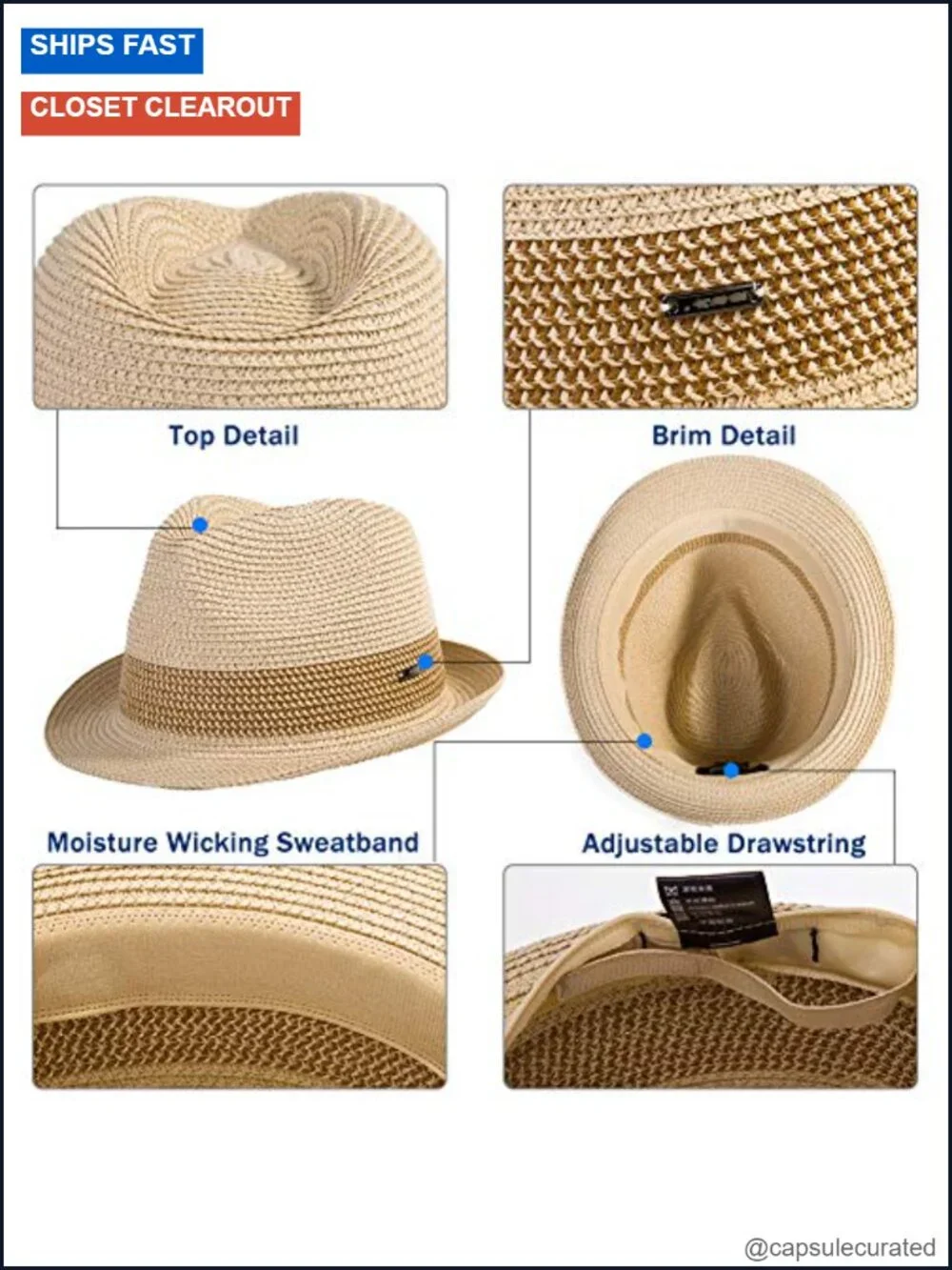 Packable Straw Fedora Sun Hat with UPF 50, Unisex